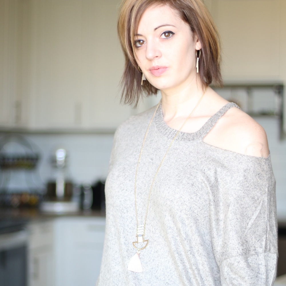Taupe Cut Out Detail Hacci Sweater Top - Picture 3 of 7